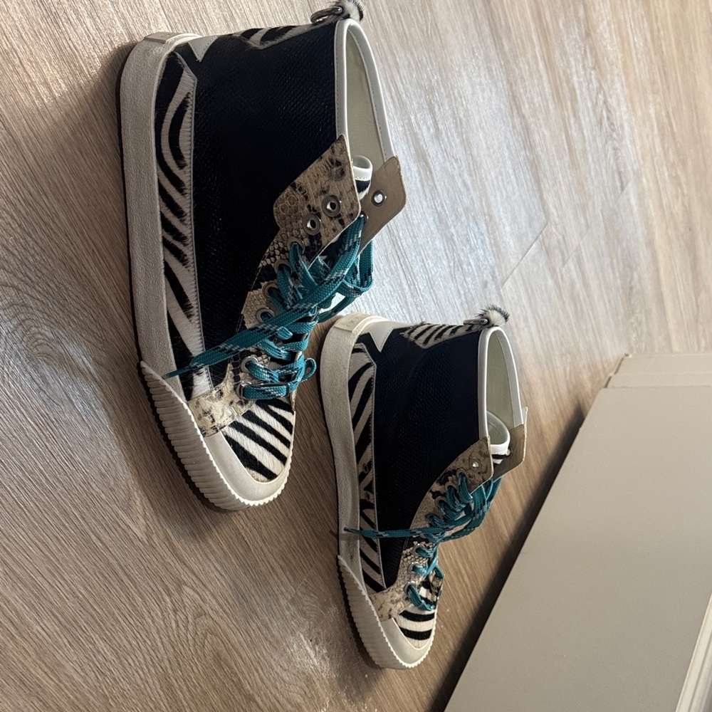 Jimmy Choo Black & White Zebra-Print High-Top Sneakers with Teal Laces - Picture 3 of 5
